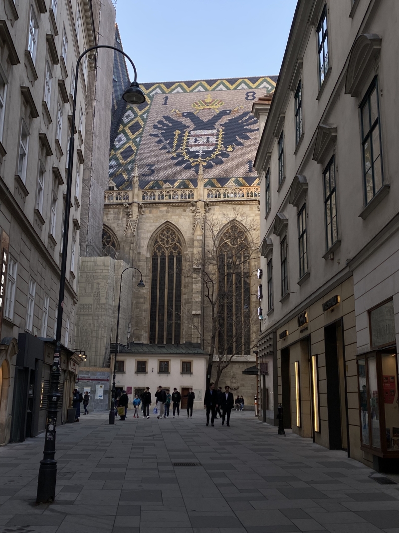 Viedeň: čo vidieť za deň - z uličky pohľad na Stephansdom s orlicou na streche
